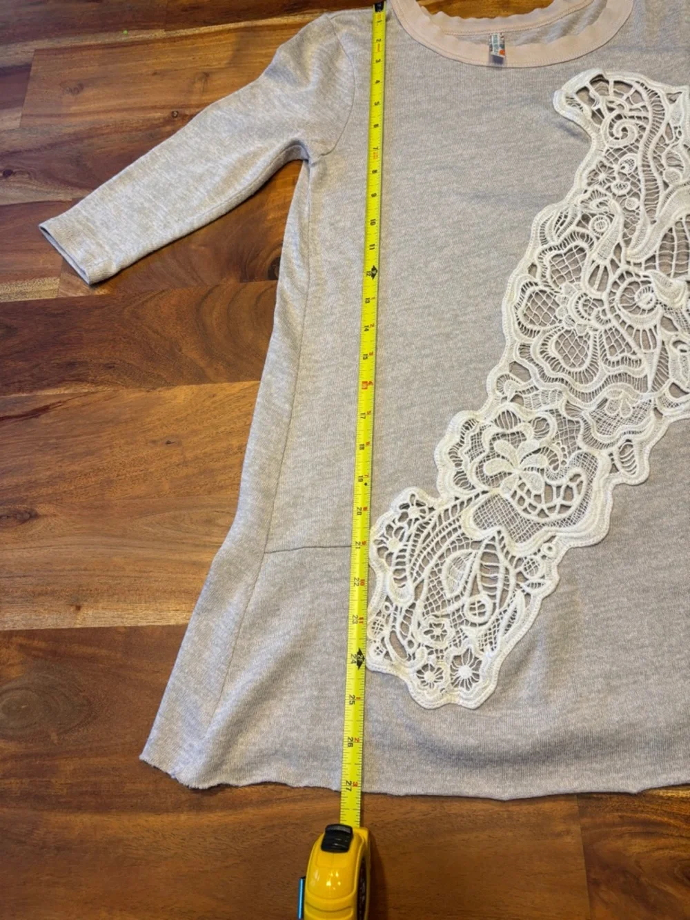 Free People Heathered Grey Crochet Lace Tunic Top 3/4 Sleeve Boho - Small